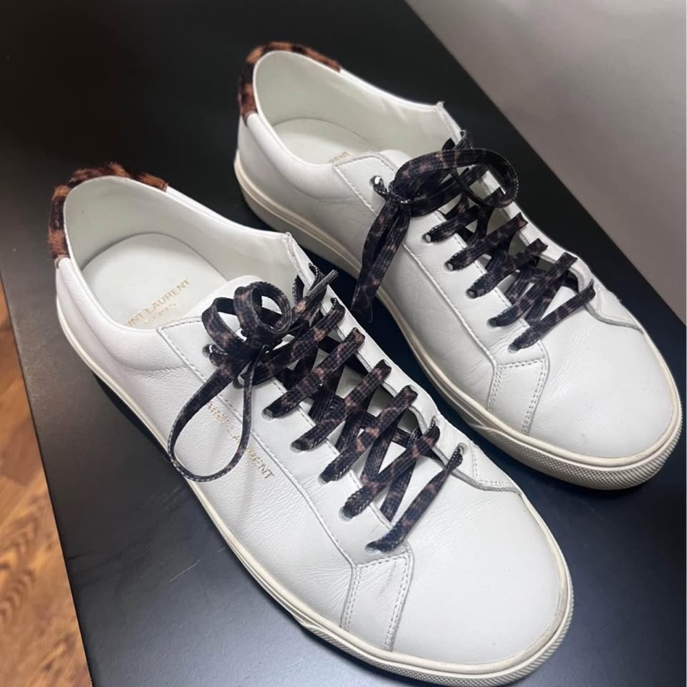 Saint Laurent White Leather Sneakers with Brown Leopard Accent